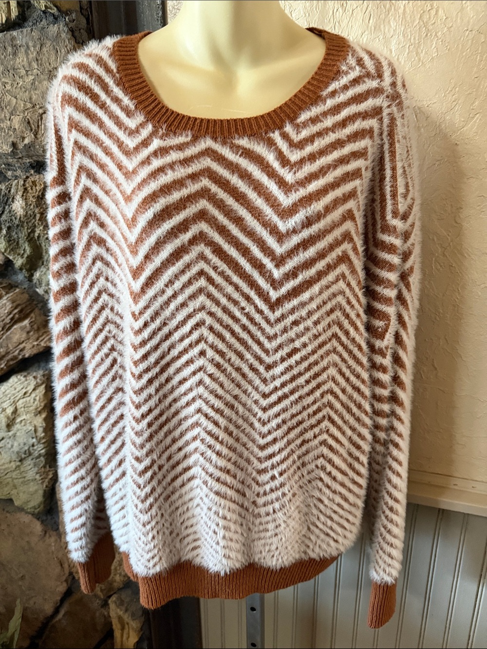 Maurices Cream and Brown Chevron Fuzzy Crewneck Sweater